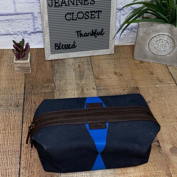 Fossil Men's Leather Framed Toiletry Travel Bag  Dark Brown Navy Blue - Picture 2 of 12